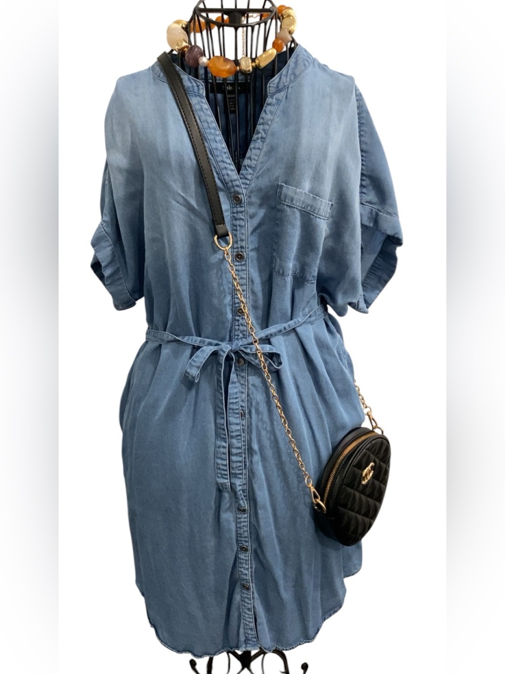 Light Blue Denim Shirt Dress with Waist Tie Size M